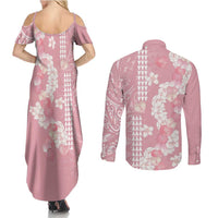 Soft Pink Hawaii Anthurium Plumeria Lei Couples Matching Summer Maxi Dress and Long Sleeve Button Shirt