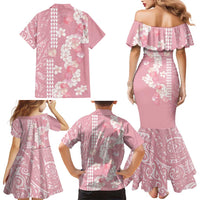 Soft Pink Hawaii Anthurium Plumeria Lei Family Matching Mermaid Dress and Hawaiian Shirt