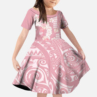 Soft Pink Hawaii Anthurium Plumeria Lei Family Matching Off Shoulder Short Dress and Hawaiian Shirt