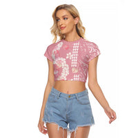 Soft Pink Hawaii Anthurium Plumeria Lei Raglan Cropped T Shirt LT9 Female Pink - Polynesian Pride