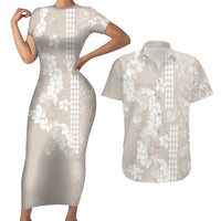 Suede Beige Hawaii Anthurium Plumeria Lei Couples Matching Short Sleeve Bodycon Dress and Hawaiian Shirt LT9 Beige - Polynesian Pride