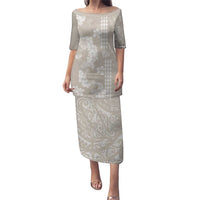 Suede Beige Hawaii Anthurium Plumeria Lei Family Matching Puletasi and Hawaiian Shirt LT9 Mom's Dress Beige - Polynesian Pride