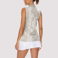 Suede Beige Hawaii Anthurium Plumeria Lei Women Sleeveless Polo Shirt LT9 - Polynesian Pride