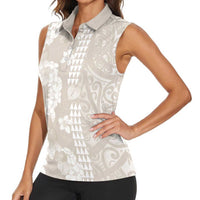 Suede Beige Hawaii Anthurium Plumeria Lei Women Sleeveless Polo Shirt LT9 - Polynesian Pride