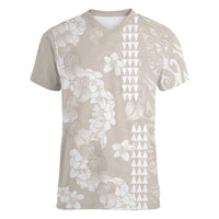 Suede Beige Hawaii Anthurium Plumeria Lei Women V-Neck T-Shirt