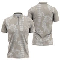 Suede Beige Hawaii Anthurium Plumeria Lei Zipper Polo Shirt