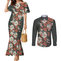 Hawaii Tartan With Hibiscus Couples Matching Mermaid Dress and Long Sleeve Button Shirt Polynesian Pattern Vintage