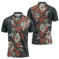 Hawaii Tartan With Hibiscus Zipper Polo Shirt Polynesian Pattern Vintage