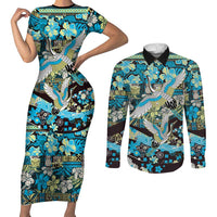 Japanese Hawaiian Crane Couples Matching Short Sleeve Bodycon Dress and Long Sleeve Button Shirt Blue Tapa Patchwork Pattern