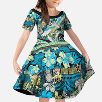 Japanese Hawaiian Crane Family Matching Off The Shoulder Long Sleeve Dress and Hawaiian Shirt Blue Tapa Patchwork Pattern LT9 Daughter's Dress Blue - Polynesian Pride