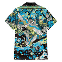 Japanese Hawaiian Crane Family Matching Off The Shoulder Long Sleeve Dress and Hawaiian Shirt Blue Tapa Patchwork Pattern LT9 - Polynesian Pride