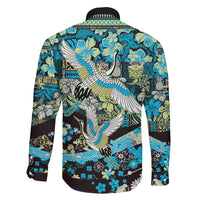 Japanese Hawaiian Crane Family Matching Off Shoulder Maxi Dress and Hawaiian Shirt Blue Tapa Patchwork Pattern