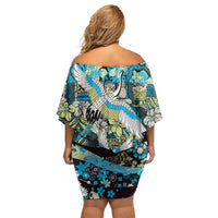 Japanese Hawaiian Crane Family Matching Off Shoulder Short Dress and Hawaiian Shirt Blue Tapa Patchwork Pattern