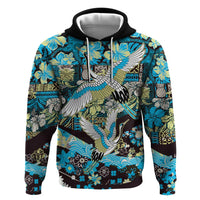 Japanese Hawaiian Crane Hoodie Blue Tapa Patchwork Pattern LT9 Pullover Hoodie Blue - Polynesian Pride