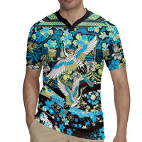 Japanese Hawaiian Crane Rugby Jersey Blue Tapa Patchwork Pattern LT9 - Polynesian Pride