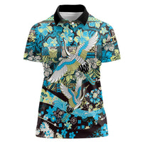 Japanese Hawaiian Crane Women Polo Shirt Blue Tapa Patchwork Pattern LT9 Female Blue - Polynesian Pride