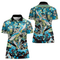 Japanese Hawaiian Crane Women Polo Shirt Blue Tapa Patchwork Pattern LT9 - Polynesian Pride