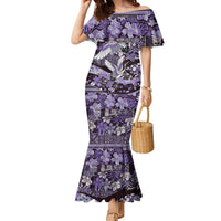 Japanese Hawaiian Crane Family Matching Mermaid Dress and Hawaiian Shirt Purple Tapa Patchwork Pattern LT9 Mom's Dress Purple - Polynesian Pride