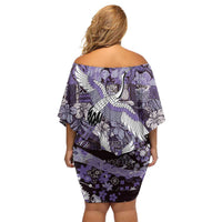 Japanese Hawaiian Crane Family Matching Off Shoulder Short Dress and Hawaiian Shirt Purple Tapa Patchwork Pattern LT9 - Polynesian Pride