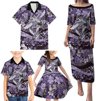 Japanese Hawaiian Crane Family Matching Puletasi and Hawaiian Shirt Purple Tapa Patchwork Pattern