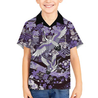 Japanese Hawaiian Crane Family Matching Puletasi and Hawaiian Shirt Purple Tapa Patchwork Pattern
