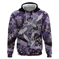 Japanese Hawaiian Crane Hoodie Purple Tapa Patchwork Pattern