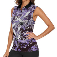 Japanese Hawaiian Crane Women Sleeveless Polo Shirt Purple Tapa Patchwork Pattern