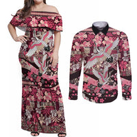 Japanese Hawaiian Crane Couples Matching Off Shoulder Maxi Dress and Long Sleeve Button Shirt Soft Pink Tapa Patchwork Pattern