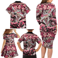 Japanese Hawaiian Crane Family Matching Long Sleeve Bodycon Dress and Hawaiian Shirt Soft Pink Tapa Patchwork Pattern LT9 - Polynesian Pride