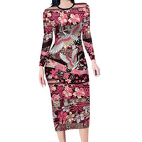 Japanese Hawaiian Crane Family Matching Long Sleeve Bodycon Dress and Hawaiian Shirt Soft Pink Tapa Patchwork Pattern LT9 Mom's Dress Pink - Polynesian Pride