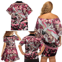 Japanese Hawaiian Crane Family Matching Off Shoulder Short Dress and Hawaiian Shirt Soft Pink Tapa Patchwork Pattern LT9 - Polynesian Pride