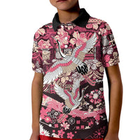 Japanese Hawaiian Crane Kid Polo Shirt Soft Pink Tapa Patchwork Pattern