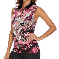 Japanese Hawaiian Crane Women Sleeveless Polo Shirt Soft Pink Tapa Patchwork Pattern