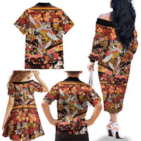 Japanese Hawaiian Crane Family Matching Off The Shoulder Long Sleeve Dress and Hawaiian Shirt Yellow Ochre Tapa Patchwork Pattern