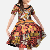 Japanese Hawaiian Crane Family Matching Puletasi and Hawaiian Shirt Yellow Ochre Tapa Patchwork Pattern LT9 Daughter's Dress Yellow - Polynesian Pride