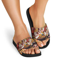 Japanese Hawaiian Crane Slide Sandals Yellow Ochre Tapa Patchwork Pattern LT9 - Polynesian Pride