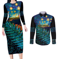 Matariki Te Tau Hou Maori Couples Matching Long Sleeve Bodycon Dress and Long Sleeve Button Shirt New Zealand Silver Fern Night Starry Sky LT9 Black - Polynesian Pride