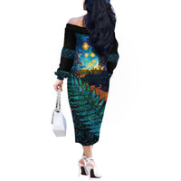 Matariki Te Tau Hou Maori Off The Shoulder Long Sleeve Dress New Zealand Silver Fern Night Starry Sky LT9 - Polynesian Pride