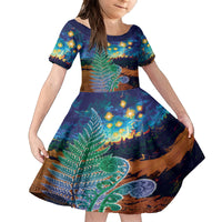 Personalised New Zealand Matariki Art Star Family Matching Puletasi and Hawaiian Shirt Koru Fern Night Starry Sky LT9 Daughter's Dress Black - Polynesian Pride