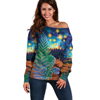 Personalised New Zealand Matariki Art Star Off Shoulder Sweater Koru Fern Night Starry Sky LT9 Women Black - Polynesian Pride
