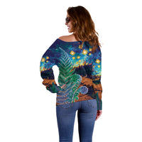 Personalised New Zealand Matariki Art Star Off Shoulder Sweater Koru Fern Night Starry Sky LT9 - Polynesian Pride