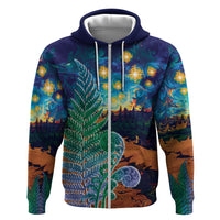 Personalised New Zealand Matariki Art Star Zip Hoodie Koru Fern Night Starry Sky LT9 Zip Hoodie Black - Polynesian Pride