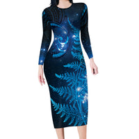 New Zealand Matariki Long Sleeve Bodycon Dress Blue Milky Way Stars Night Sky LT9 Long Dress Blue - Polynesian Pride