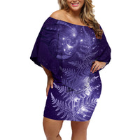 New Zealand Matariki Family Matching Off Shoulder Short Dress and Hawaiian Shirt Purple Milky Way Stars Night Sky LT9 Mom's Dress Purple - Polynesian Pride