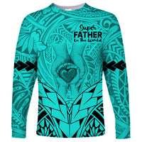 Personalised Polynesian Father's Day Gift For Dad Long Sleeve Shirt Super Father In The World - Turquoise Polynesian Pattern LT9 Unisex Turquoise - Polynesian Pride