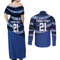 Fiji Rugby Pacific Custom Couples Matching Off Shoulder Maxi Dress and Long Sleeve Button Shirt Pasifika Tapa Pattern