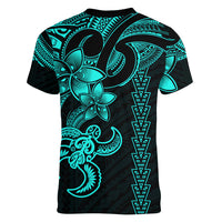 Hawaiian Tribal Women V Neck T Shirt Polynesian Kakau Turtle - Aqua LT9 - Polynesian Pride