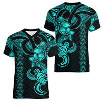 Hawaiian Tribal Women V Neck T Shirt Polynesian Kakau Turtle - Aqua LT9 - Polynesian Pride