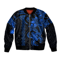 Hawaiian Tribal Sleeve Zip Bomber Jacket Polynesian Kakau Turtle - Blue LT9 Unisex Blue - Polynesian Pride