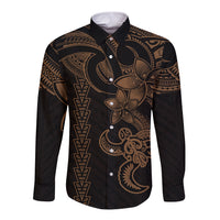 Hawaiian Tribal Long Sleeve Button Shirt Polynesian Kakau Turtle - Gold LT9 Unisex Gold - Polynesian Pride